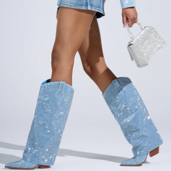 AZALEA WANG Banian Knee High Rhinestone Denim Western Boot 7-11 NWT - Picture 4 of 13